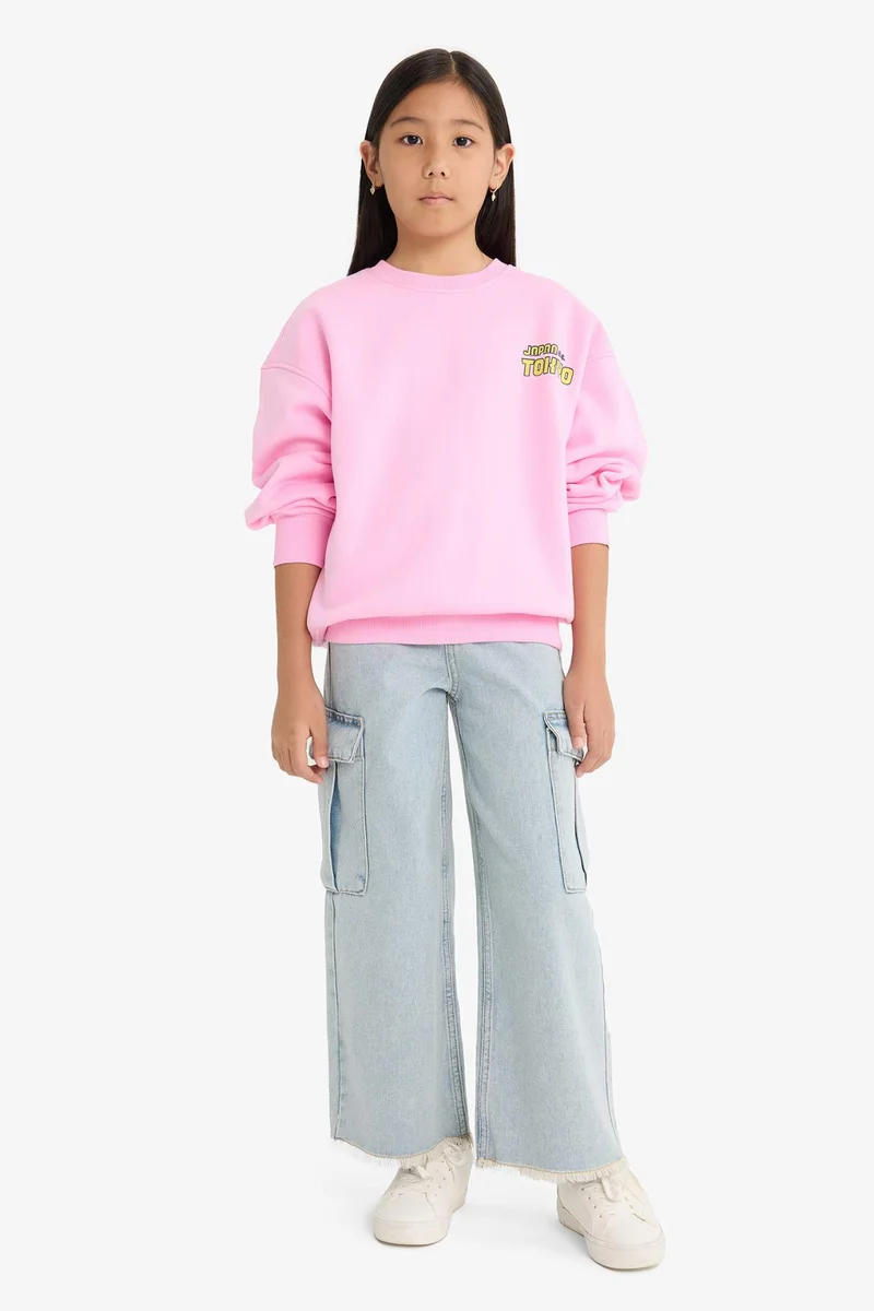 ديفاكتو Girl Oversize Crew Neck Printed Fleece Lining Sweatshirt
