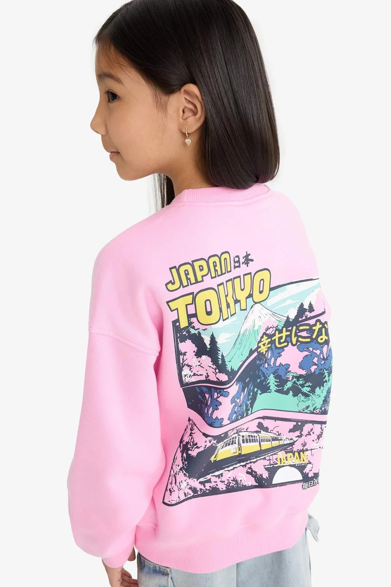 ديفاكتو Girl Oversize Crew Neck Printed Fleece Lining Sweatshirt