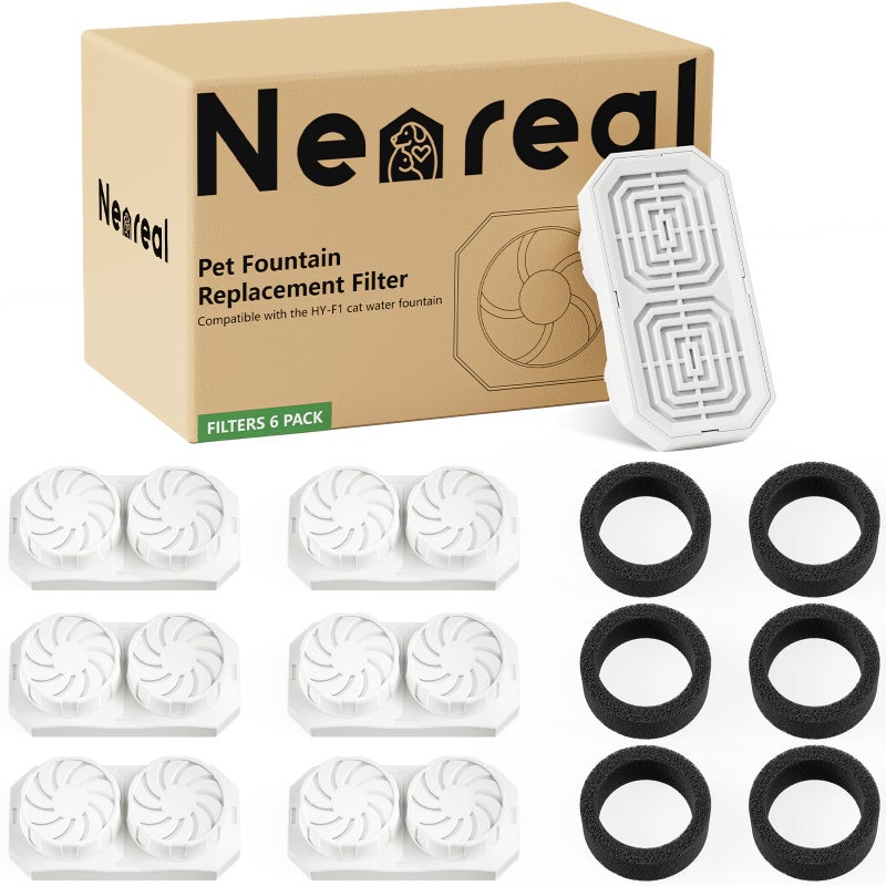 Neareal Official 6-Pack Replacement Filters and Pre-Filter Sponges for 108 oz / 3.2 L Stainless Steel Cat Water Fountain - Image 1