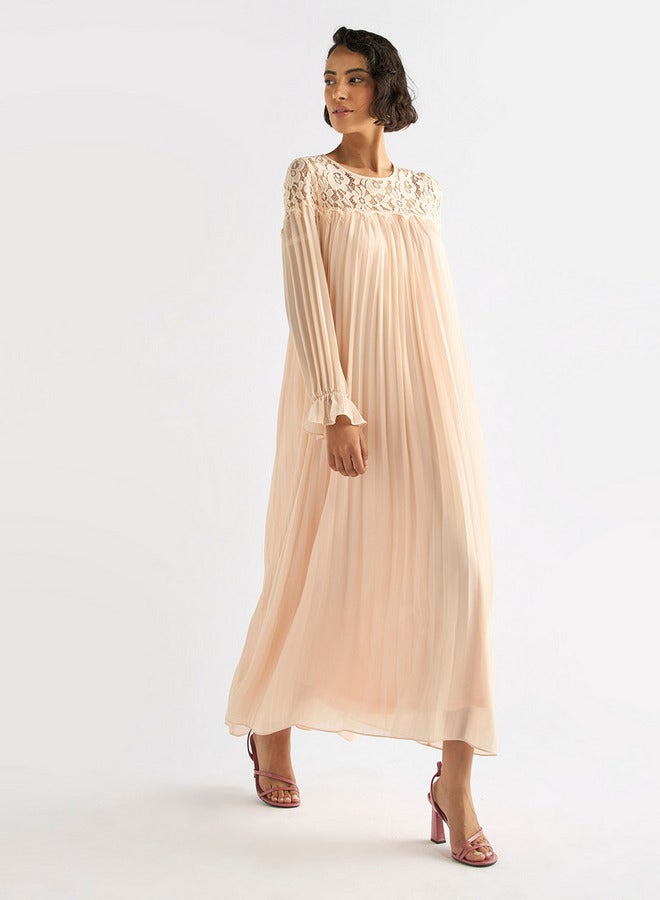 Splash FAV Pleated Lace Detail Maxi Dress with Long Sleeves - Image 1