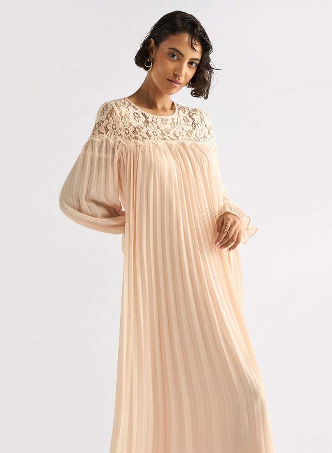 Splash FAV Pleated Lace Detail Maxi Dress with Long Sleeves - Image 2
