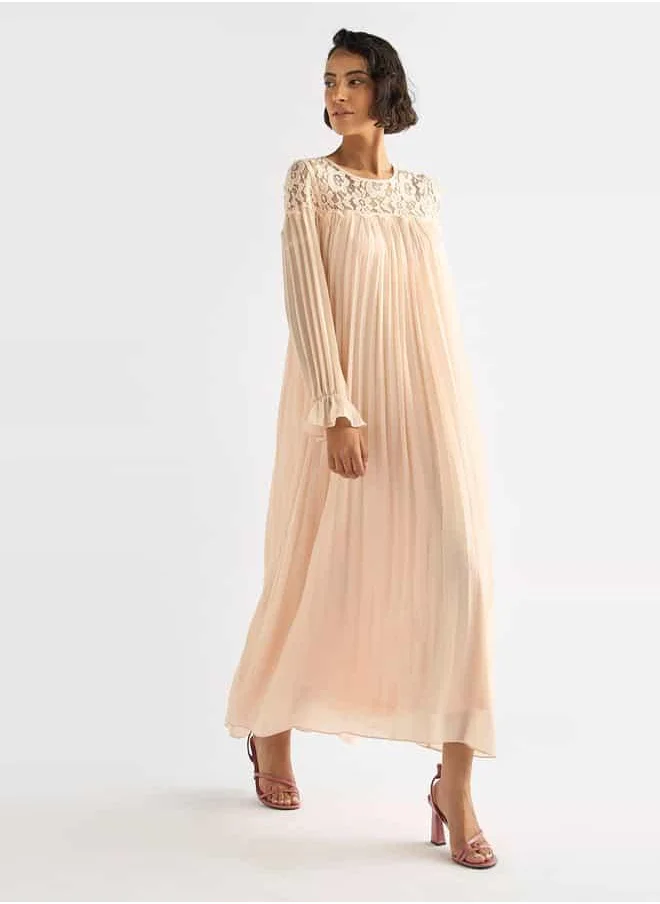 FAV Pleated Lace Detail Maxi Dress with Long Sleeves