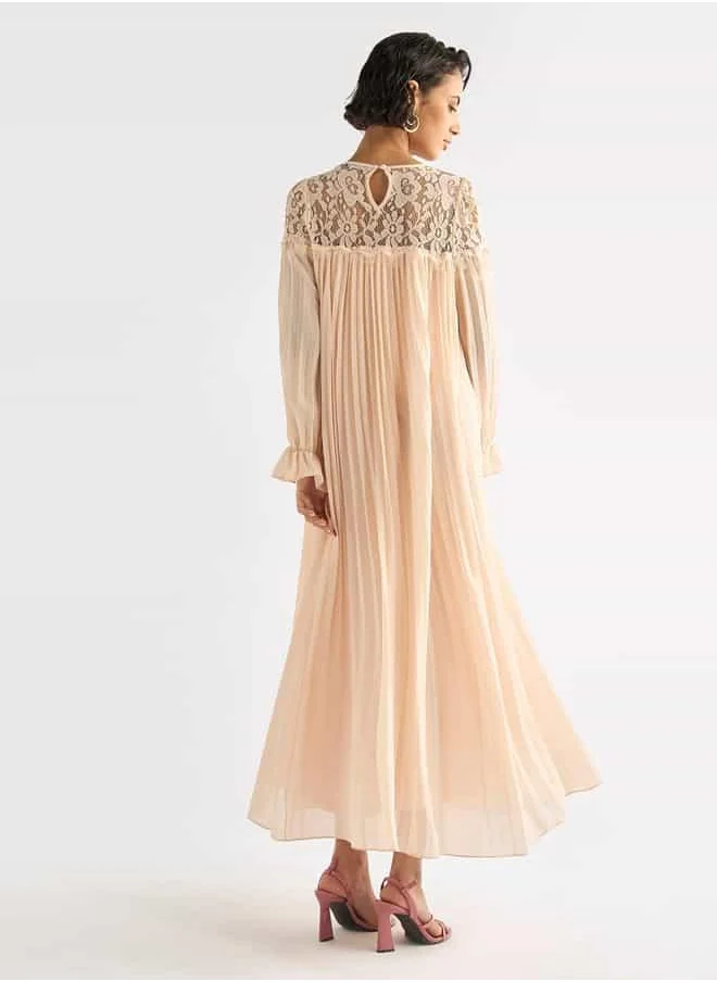 FAV Pleated Lace Detail Maxi Dress with Long Sleeves