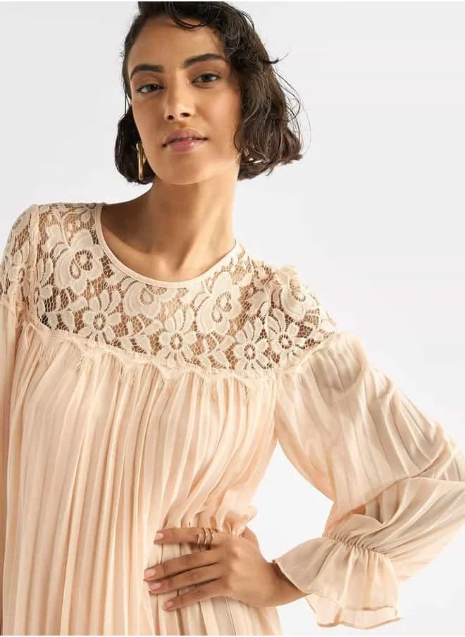 FAV Pleated Lace Detail Maxi Dress with Long Sleeves