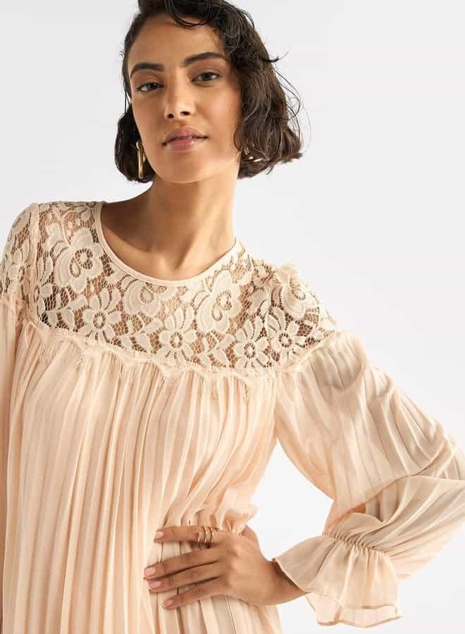 Splash FAV Pleated Lace Detail Maxi Dress with Long Sleeves - Image 4