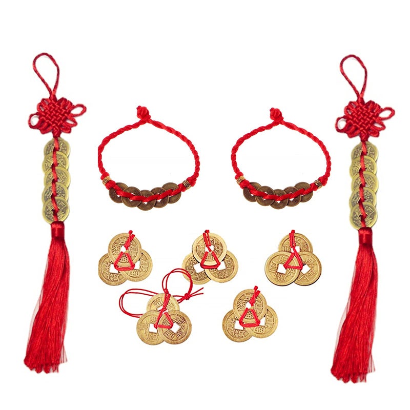 XHBTS 2 Chinese Knot Lucky Coins Feng Shui Coins IChing Fortune Coin and 5 Chinese Feng Shui Coins 2 Coins Bracelet for Good Luck and Healthy