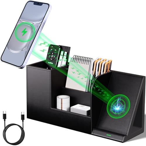 LADSTAG Pen Organizer with Phone Stand,Black Vegan Leather Desk Organizers with Remote Control Holder,Pencil Holder for Desk,Desk Organizer with Phone Charger for Office/Nightstand/Endtable - Image 1