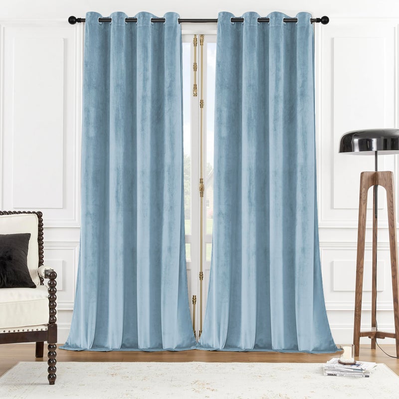 Snitie Sky Blue 108In Long Velvet Curtains With Grommet  Super Soft Noise Reducing Thick Light Filtering Velvet Drapes For Living Room And Bedroom  Set Of 2 Panels  52 X 108Inch Long