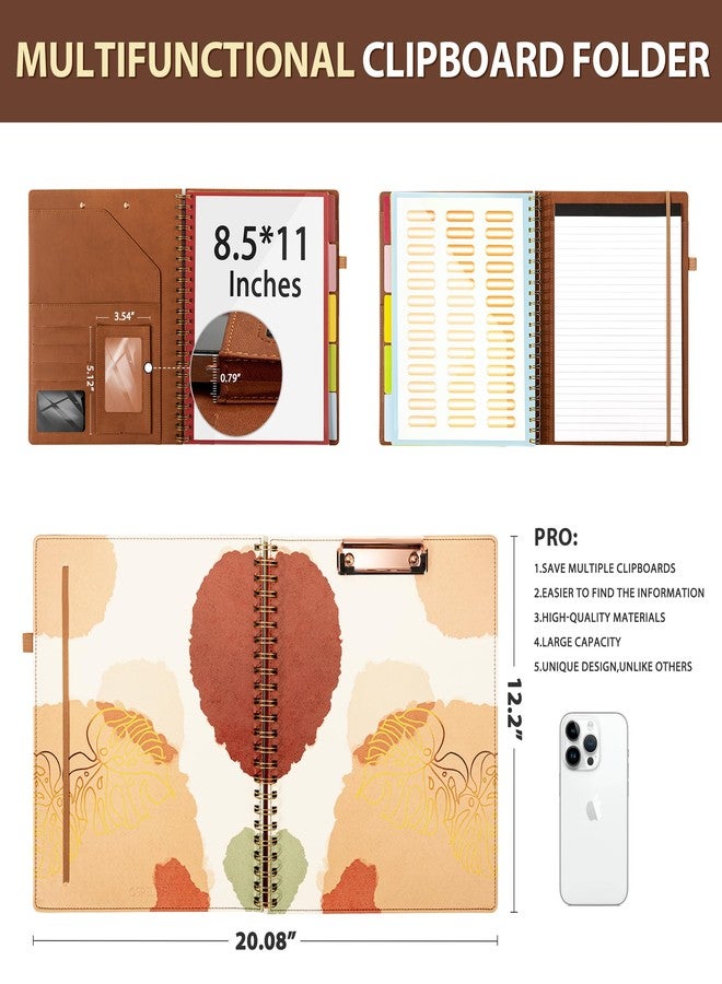 Ospelelf Brown Leather Spiral Clipboard Folio with Storage for Men, Portfolio 5 Folders with 10 Pockets, Foldable Organizer Binder with Elastic Strap Notepad - Image 2