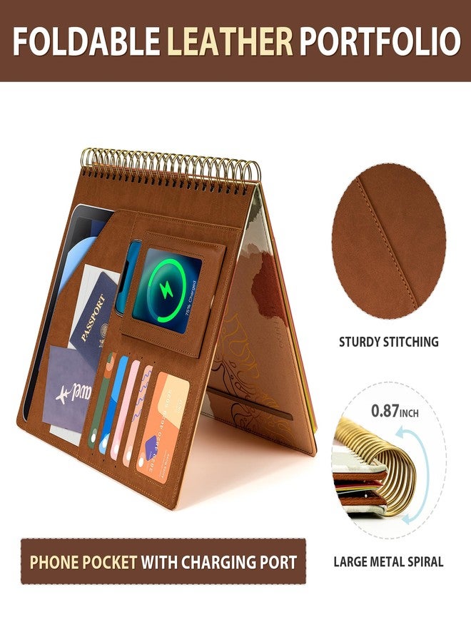 Ospelelf Brown Leather Spiral Clipboard Folio with Storage for Men, Portfolio 5 Folders with 10 Pockets, Foldable Organizer Binder with Elastic Strap Notepad - Image 5