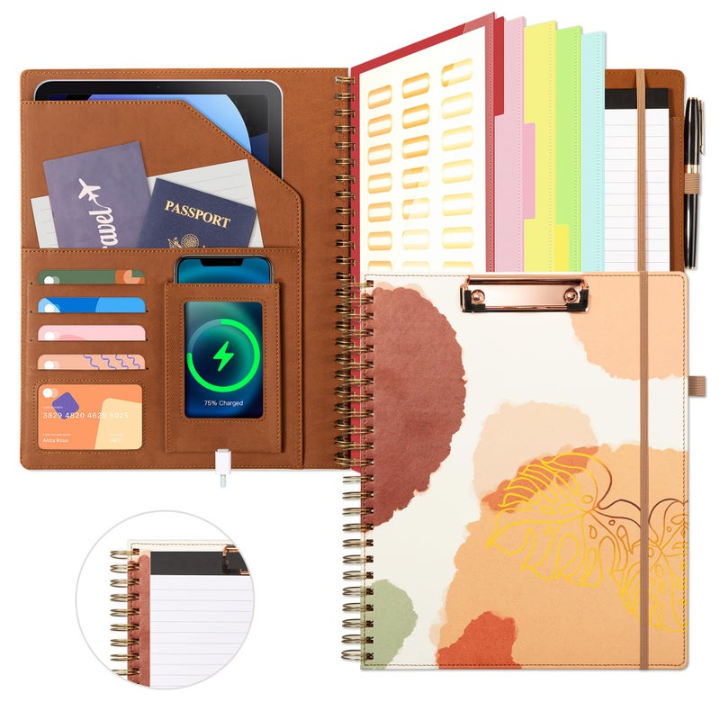 Ospelelf Brown Leather Spiral Clipboard Folio with Storage for Men, Portfolio 5 Folders with 10 Pockets, Foldable Organizer Binder with Elastic Strap Notepad - Image 1
