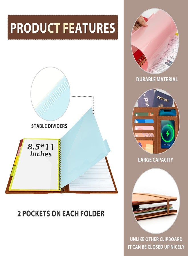 Ospelelf Brown Leather Spiral Clipboard Folio with Storage for Men, Portfolio 5 Folders with 10 Pockets, Foldable Organizer Binder with Elastic Strap Notepad - Image 4