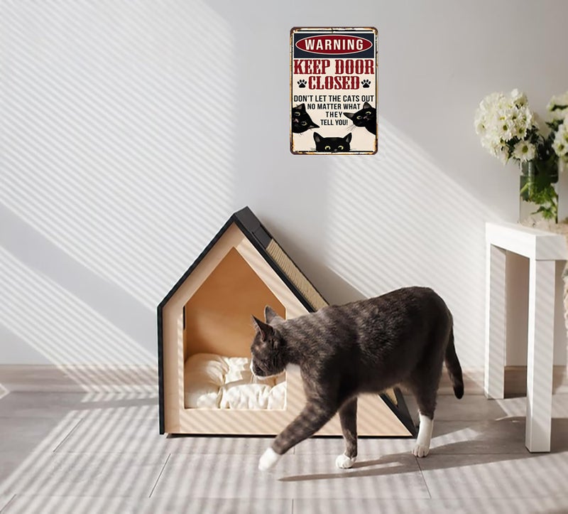 Crazysign Funny Black Cat Vintage Tin Sign Keep Door Closed Sign for Home House Apartment Door Sign Wall Decor 8 x 12 Inch (3001) - Image 4