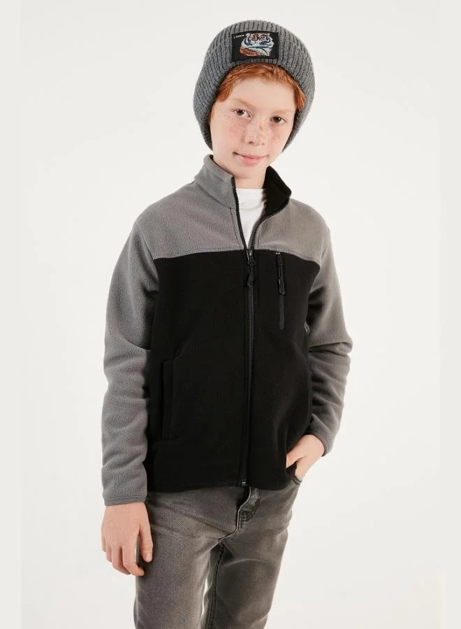 Lela Lela Soft Textured Zippered Color Blocking Stand Collar Pocket Cardigan Fleece Unisex Kids POLAR 5905001