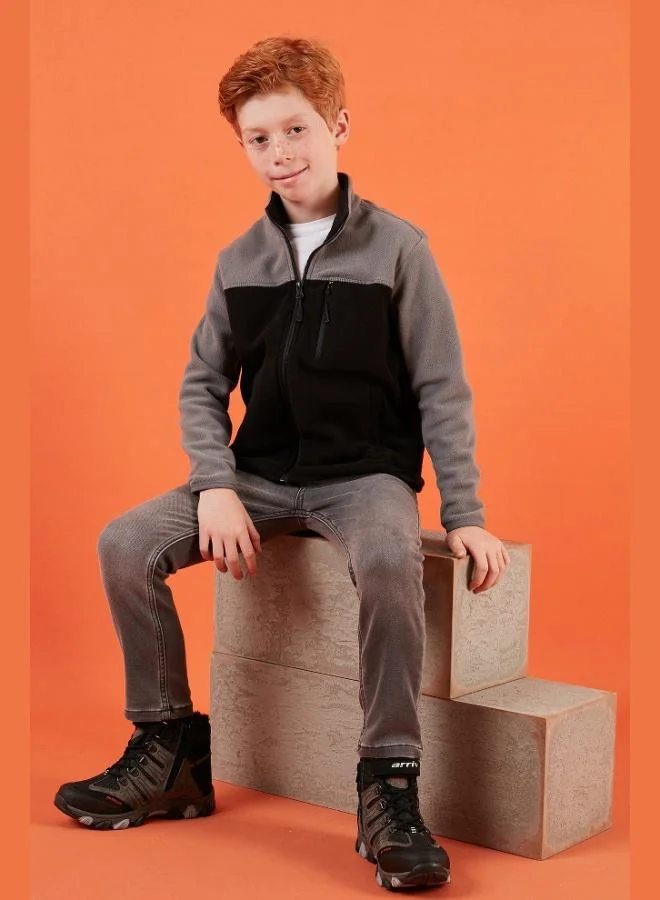 Lela Lela Soft Textured Zippered Color Blocking Stand Collar Pocket Cardigan Fleece Unisex Kids POLAR 5905001