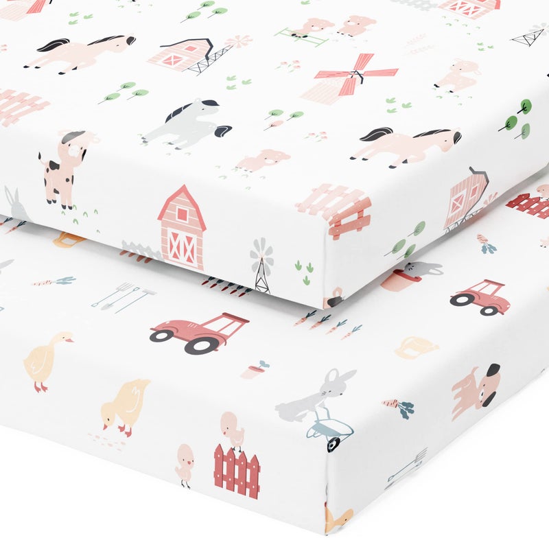 Mini Portable 24x38 Fitted Crib Sheets  Compatible with Dream on Me Delta Porta Crib and Arms Reach Ideal Cosleeper  100 Jersey Cotton  Farm Animals  2 Pack