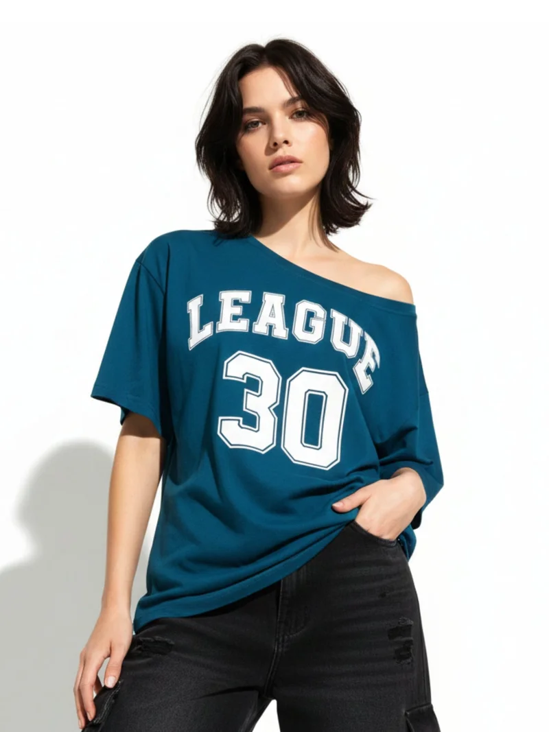 أوجيدر Teal Off-Shoulder Graphic Printed T-Shirt