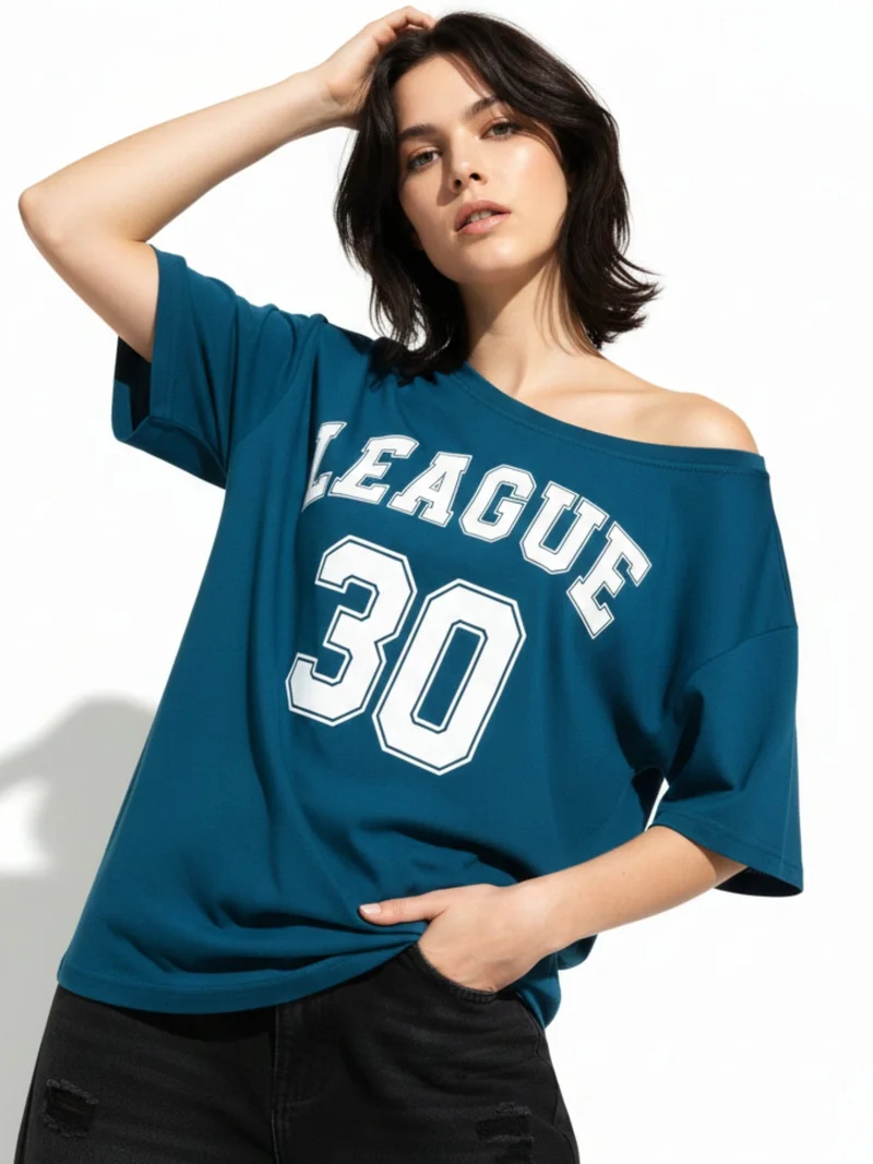 أوجيدر Teal Off-Shoulder Graphic Printed T-Shirt