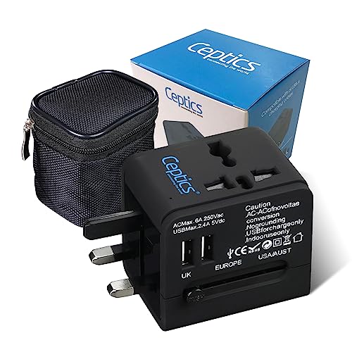 Ceptics Universal Travel Adapter with 2 USB Ports, 3 in 1 International Adapter for Cell Phone Tablet Camera, India to UK, Europe, Australia & More - Image 1