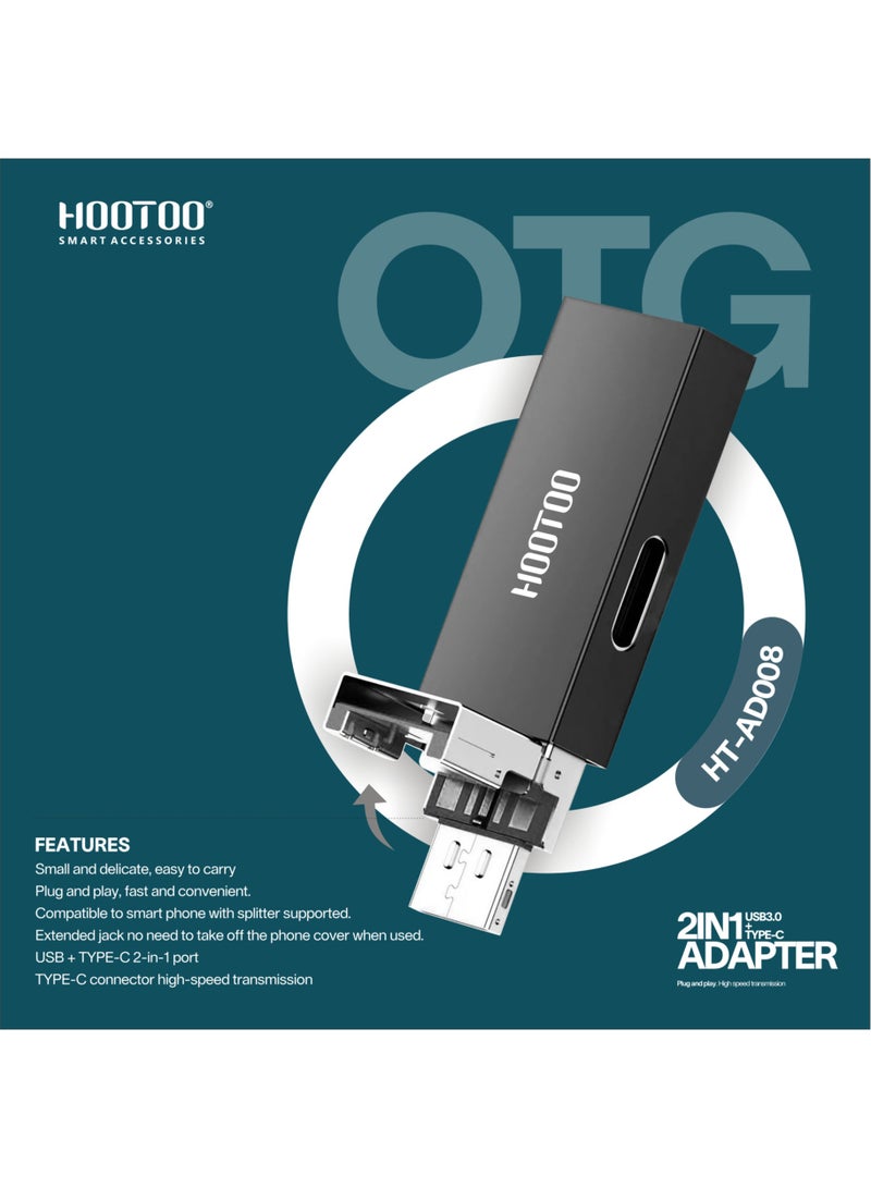 HooToo 2 In 1 Adapter USB 3.0 Type-C HT-AD008 Black  - Image 3