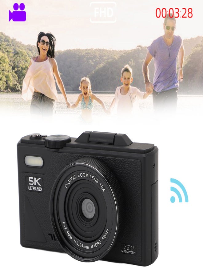5K Digital Camera 75MP HD 18X Digital Zoom Autofocus Retro Mirrorless Camera with 3 Inch Screen for Travel Photography Black - Image 3