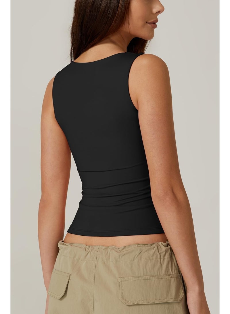 Women's Square Neck Sleeveless Double-Layer Vest Basic Tight T-Shirt, Women's Camisole Fashionable Tight-Fitting Inner Fitness Top, Black, S  - Image 4