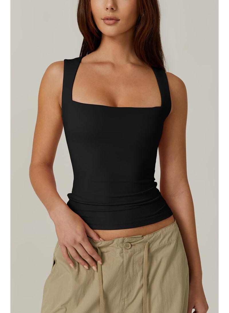 Women's Square Neck Sleeveless Double-Layer Vest Basic Tight T-Shirt, Women's Camisole Fashionable Tight-Fitting Inner Fitness Top, Black, S  - Image 5