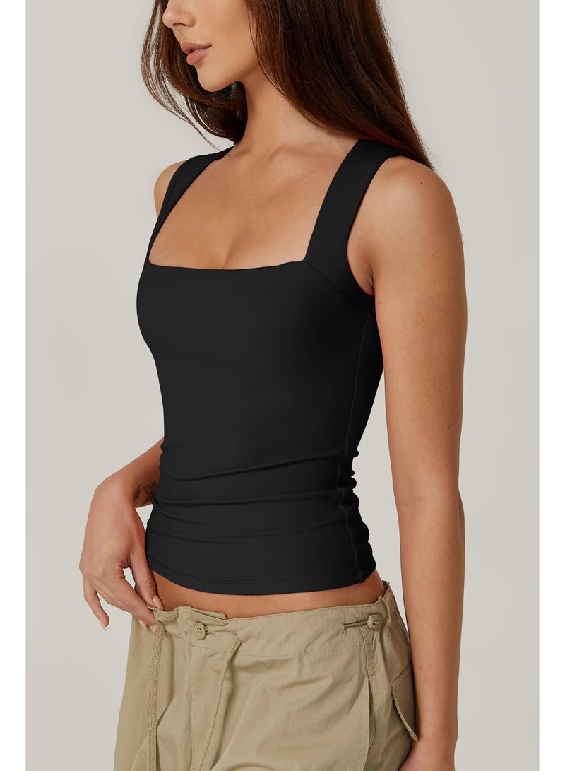 Women's Square Neck Sleeveless Double-Layer Vest Basic Tight T-Shirt, Women's Camisole Fashionable Tight-Fitting Inner Fitness Top, Black, S  - Image 2