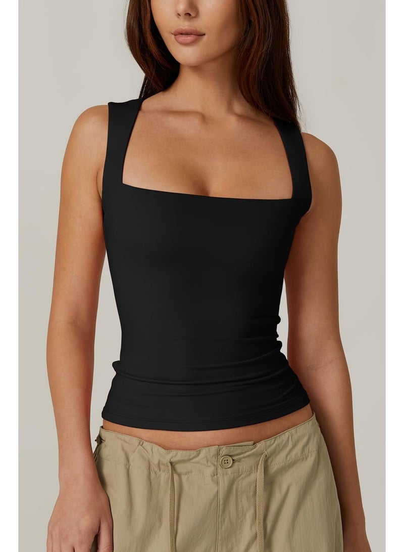 Women's Square Neck Sleeveless Double-Layer Vest Basic Tight T-Shirt, Women's Camisole Fashionable Tight-Fitting Inner Fitness Top, Black, S  - Image 3