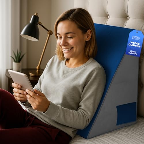 Sleepsia Wedge Cushion | 1 Year Warranty | Wedge Pillows for Bed, Orthopedic Memory Foam Back Support Pillow for Bed | Acid Reflux, Pregnancy, GERD, Back & Leg Support- Grey/Blue, 20" Lx17.4 Wx10 H - Image 1