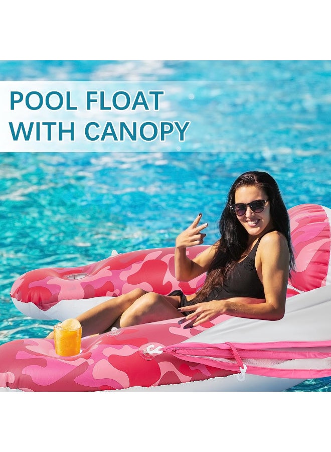 HI-FINE Pool Float with Canopy, Cup Holder - XL Pool Chair Lounge Float with Adjustable Sun Shade Cover, Drink Holder, Ergonomic Headrest,Inflatable Pool Float for Adults Pink - Image 3