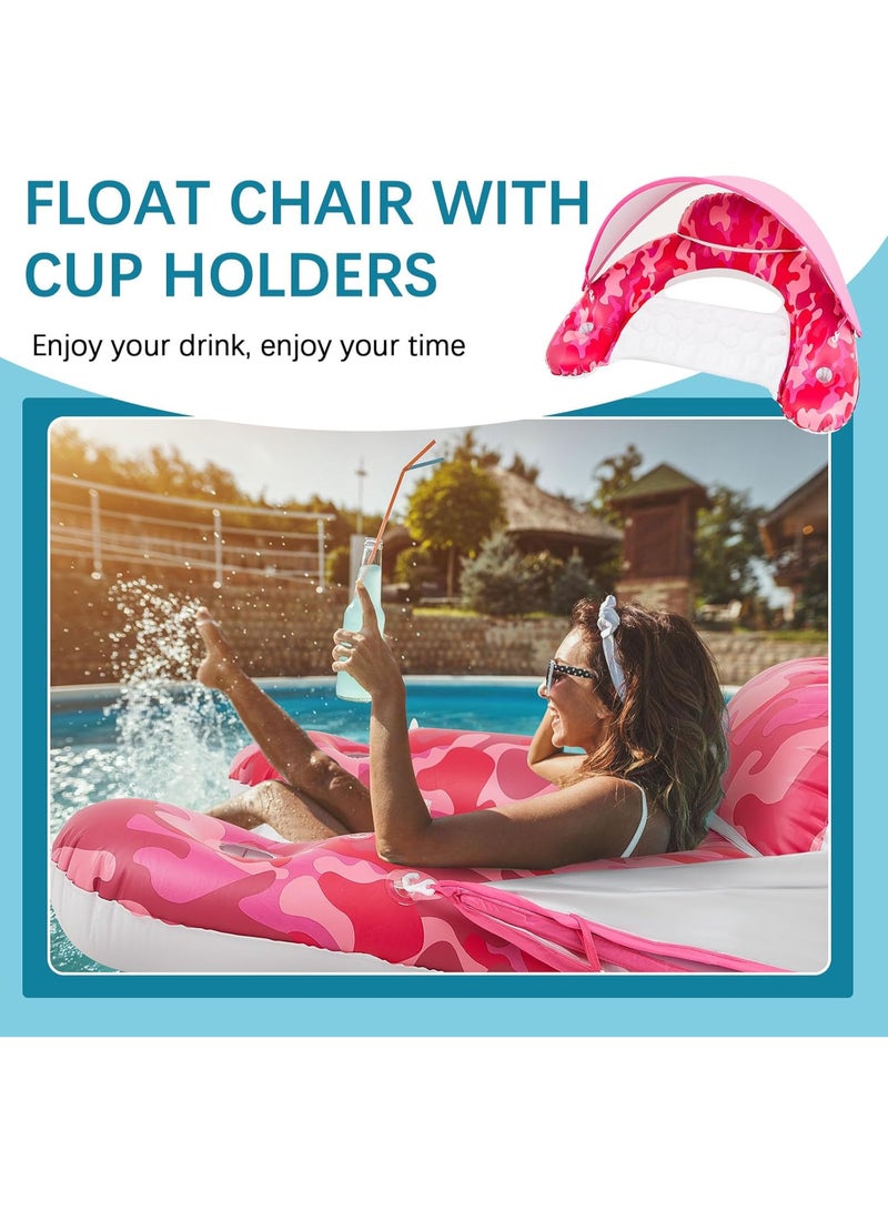 HI-FINE Pool Float with Canopy, Cup Holder - XL Pool Chair Lounge Float with Adjustable Sun Shade Cover, Drink Holder, Ergonomic Headrest,Inflatable Pool Float for Adults Pink - Image 4