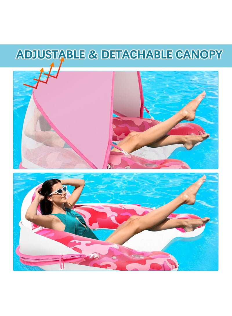 HI-FINE Pool Float with Canopy, Cup Holder - XL Pool Chair Lounge Float with Adjustable Sun Shade Cover, Drink Holder, Ergonomic Headrest,Inflatable Pool Float for Adults Pink - Image 2
