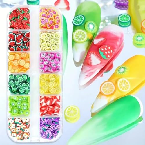 Royalkart Colorful Fruit Nail Art Slices, 3D Fimo Slime Supplies for DIY Crafts, Apple Kiwi Banana Lemon Strawberry Watermelon Decorations for Nail Art and Cellphone 12 Designs - Image 1