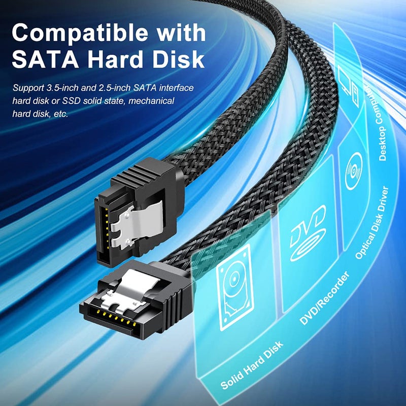 ELECTOP كابل SATA III، كابل بيانات HDD SDD مستقيم بسرعة 6Gbps، SATA 3.0 مضفر نايلون مع قفل لتوصيل HDD و SSD و محرك CD و كاتب CD (20 بوصة، أسود، 5 عبوات) - Image 2