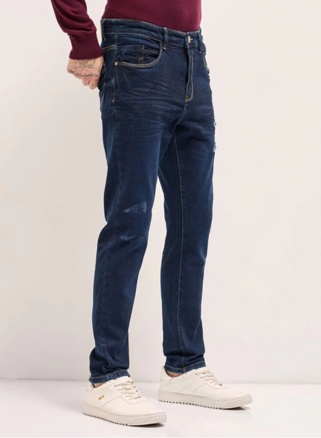 The Bear House  Men's Dark Blue distressing and rip Mid-Rise Slim Fit Jeans Classic Comfort With Modern Style, Perfect For Everyday Casual Looks And Effortless Streetwear Vibes for Men | Best Price UAE