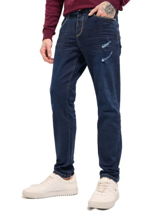Men's Dark Blue distressing and rip Mid-Rise Slim Fit Jeans Classic Comfort With Modern Style, Perfect For Everyday Casual Looks And Effortless Streetwear Vibes