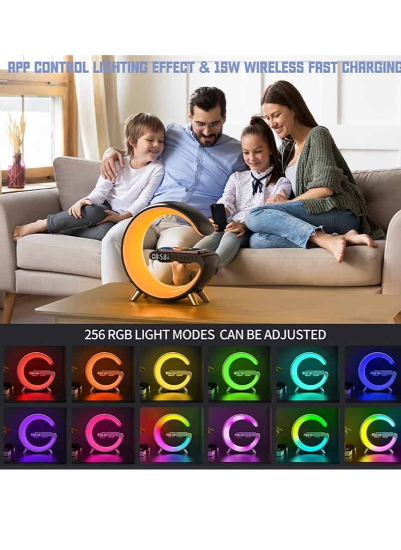 Table Lamp Desk Night Light with 15W Quick Wireless Charger and Bluetooth Speaker, Desk Lamp with Alarm Clock and 256 RGB Light Modes Bedroom Lamp As Sleep Aid White Noise Machine