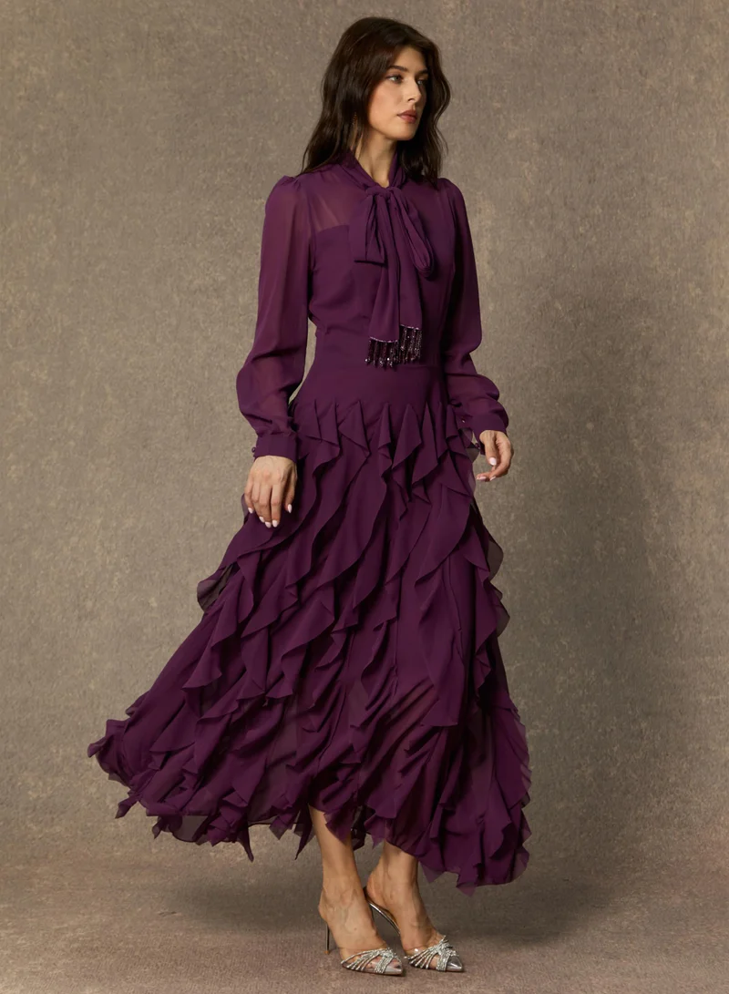 سنفير Ultimate Beauty Purple Bow Neck Tiered Ruffle Maxi Dress