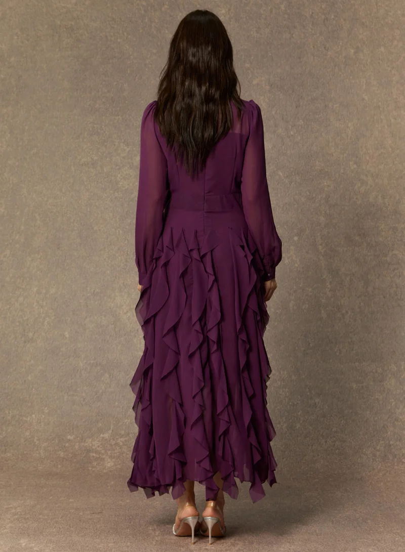 Sunfere  Ultimate Beauty Purple Bow Neck Tiered Ruffle Maxi Dress for Women | Best Price UAE