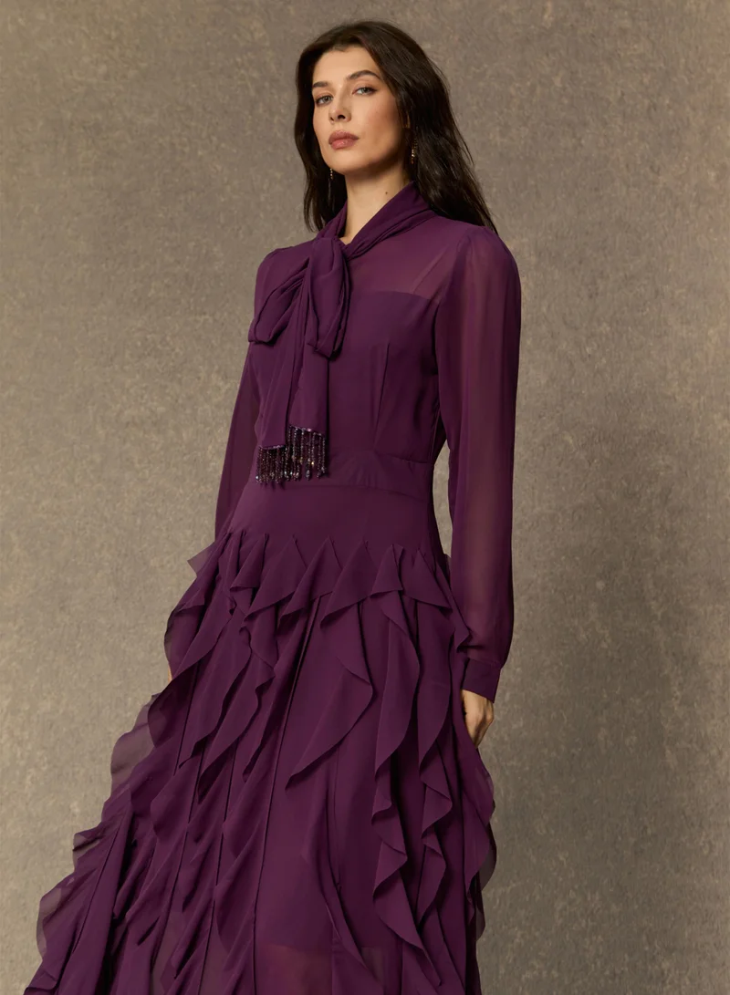 Sunfere  Ultimate Beauty Purple Bow Neck Tiered Ruffle Maxi Dress for Women | Best Price UAE