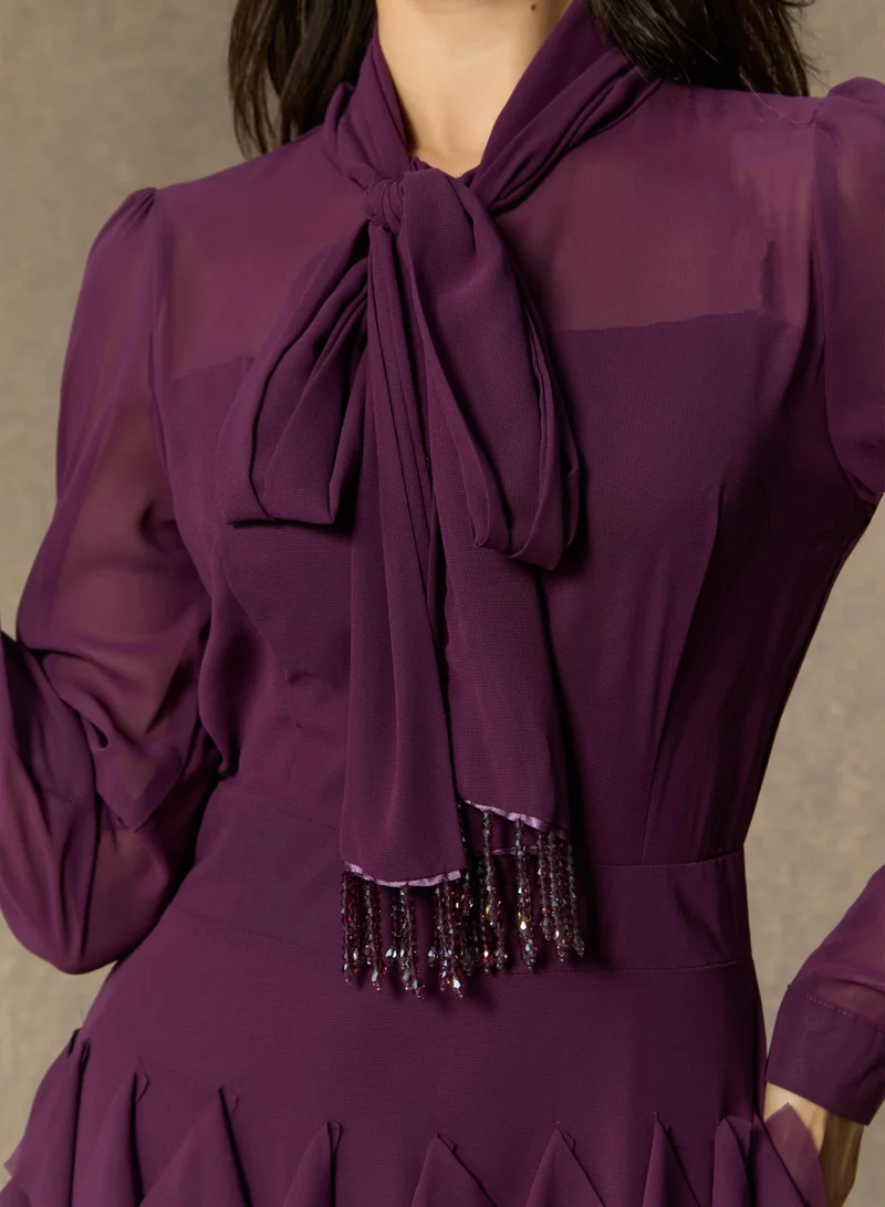 Sunfere  Ultimate Beauty Purple Bow Neck Tiered Ruffle Maxi Dress for Women | Best Price UAE