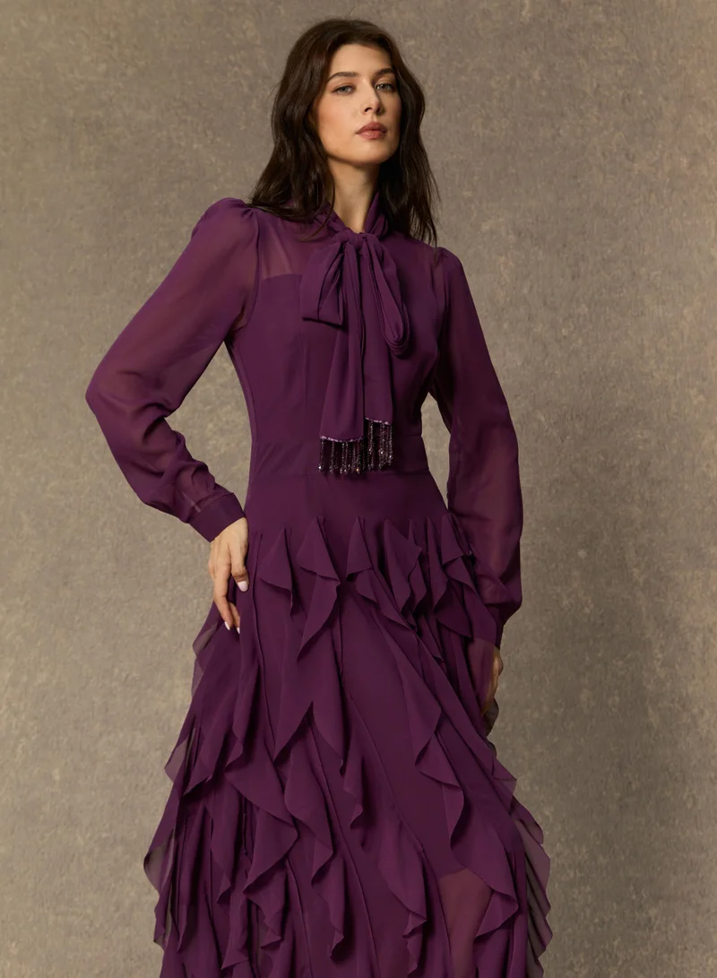 Sunfere  Ultimate Beauty Purple Bow Neck Tiered Ruffle Maxi Dress for Women | Best Price UAE