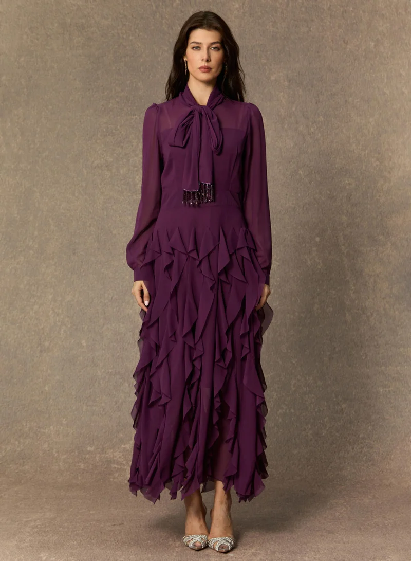 Sunfere Ultimate Beauty Purple Bow Neck Tiered Ruffle Maxi Dress