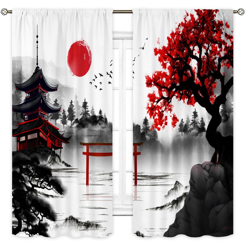 Cinbloo Japanese Cherry Blossom Curtains 42Wx63H Inch Rod Pocket Black Red Asian Anime Chinese Watercolor Mountain Sun Art Printed Aesthetic Living Room Bedroom Window Drapes Treatment Fabric 2 Panels