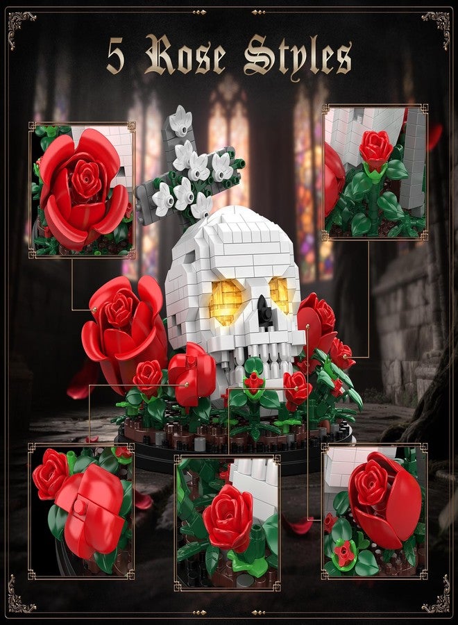 Vziimo Skull & Flowers Building Set, Goth Skull Roses Micro Building Blocks Decor Model Kit with Light, Cross, Horror for Adults, Teens Age 14+, Goth Art Fans (582 PCS) - Image 3