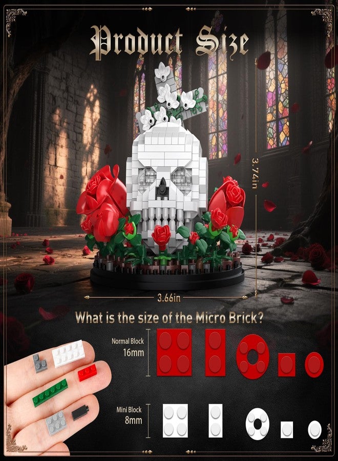 Vziimo Skull & Flowers Building Set, Goth Skull Roses Micro Building Blocks Decor Model Kit with Light, Cross, Horror for Adults, Teens Age 14+, Goth Art Fans (582 PCS) - Image 2