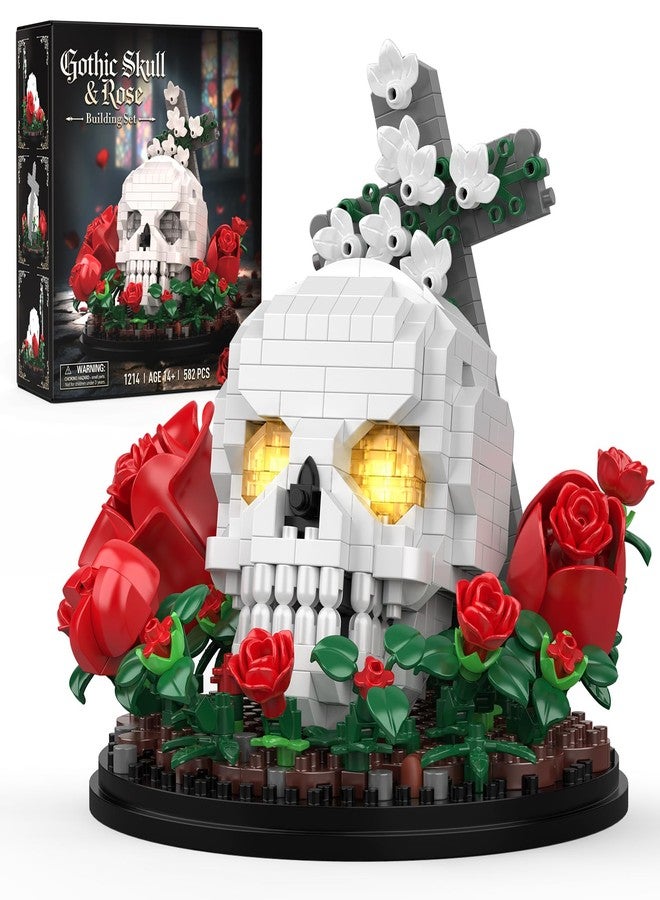 Vziimo Skull & Flowers Building Set, Goth Skull Roses Micro Building Blocks Decor Model Kit with Light, Cross, Horror for Adults, Teens Age 14+, Goth Art Fans (582 PCS) - Image 1