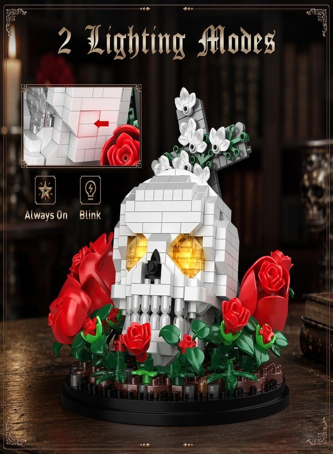 Vziimo Skull & Flowers Building Set, Goth Skull Roses Micro Building Blocks Decor Model Kit with Light, Cross, Horror for Adults, Teens Age 14+, Goth Art Fans (582 PCS) - Image 4