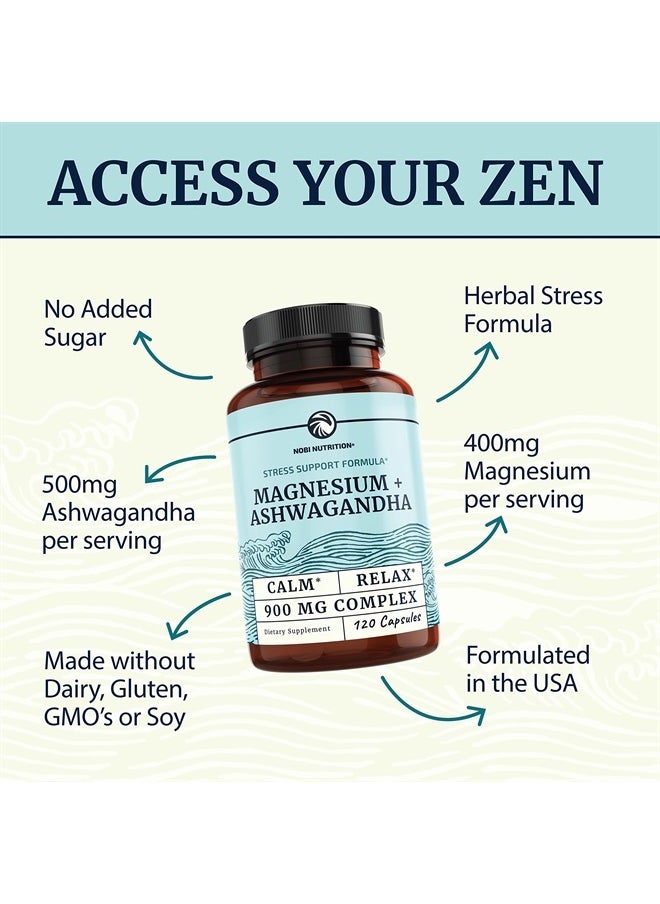 Nobi Nutrition - Magnesium Calming Magnesium Supplement for Adults Relax, Rest, Support Calm Mood Oxide 400 mg + Ashwagandha 500 mg Muscle Health And Stress Relief - 120Ct - Image 1